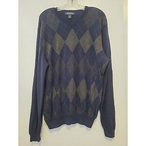 Brooks Brothers Mens Argyle Sweater Extra Fine Merino Wool Navy Blue Gray XL